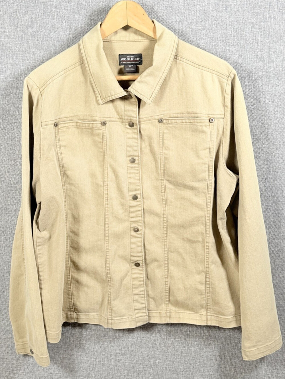 Woolrich Women's Tan Hazelnut Stretch Twill Trucker Jacket Size XL Snap Front